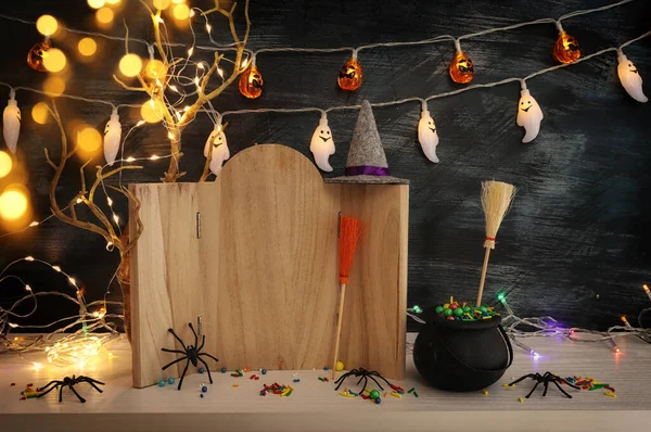Vakantie Beeld Van Halloween Spinnen Houten Plankenlijst Voor Tekst Opmaak — Stockfoto