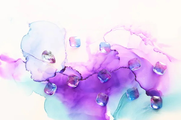 Художня Фотографія Абстрактного Чорнила Алкоголю Рожево Фіолетові Кольори Дорогоцінними Каменями — стокове фото