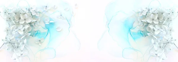 Kreatives Bild Von Pastellblauen Hortensienblüten Auf Künstlerischem Tuschgrund Draufsicht Mit — Stockfoto