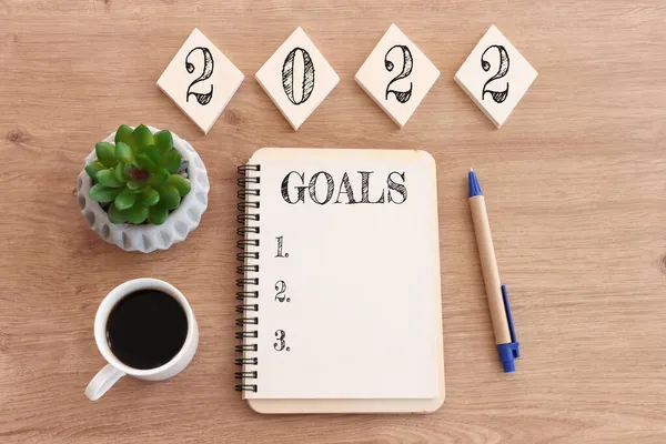 Business Concept Top View 2020 Goals List Notebook Cup Coffee — Stock Photo, Image