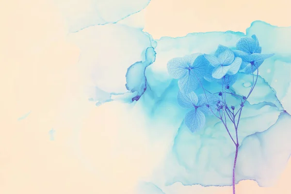 芸術的なインクの背景に青いアジサイの花の創造的なイメージ コピースペース付きのトップビュー — ストック写真