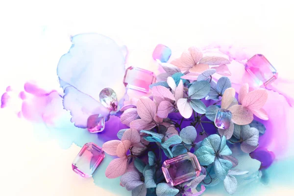 Creatief Beeld Van Roze Paarse Hortensia Bloemen Artistieke Inkt Achtergrond — Stockfoto