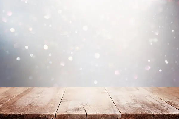 Table Vide Devant Fond Lumières Paillettes Argentées Pour Montage Affichage — Photo