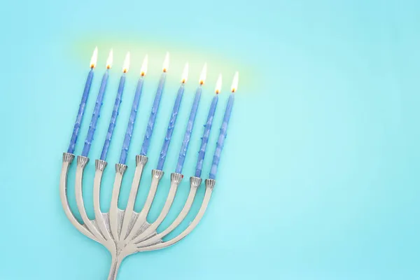 Image Jewish Holiday Hanukkah Menorah Traditional Candelabra Candles Pastel Blue — Stock Photo, Image