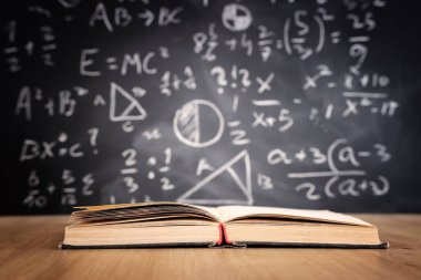 Okul kitabı formüllü karatahtanın önünde. eğitim kavramı