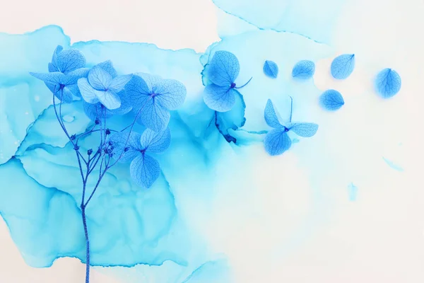 Creatief Beeld Van Blauwe Hortensia Bloemen Artistieke Inkt Achtergrond Bovenaanzicht — Stockfoto