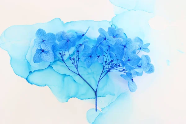 Creatief Beeld Van Blauwe Hortensia Bloemen Artistieke Inkt Achtergrond Bovenaanzicht — Stockfoto