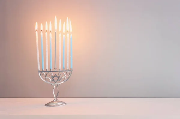 Imagem Férias Judaicas Hanukkah Com Menorah Candelabro Tradicional Velas — Fotografia de Stock