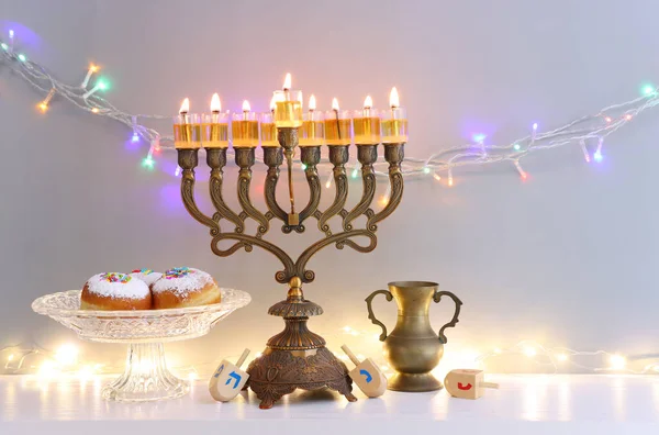 Religion Image Jewish Holiday Hanukkah Background Menorah Traditional Candelabra Doughnut — Stock Photo, Image