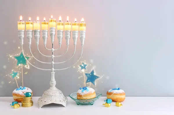 Religion Image Jewish Holiday Hanukkah Background Menorah Traditional Candelabra Doughnut — Stock Photo, Image