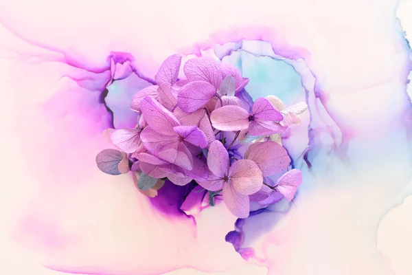Kreatives Bild Von Rosa Und Lila Hortensienblüten Auf Künstlerischem Tuschgrund — Stockfoto
