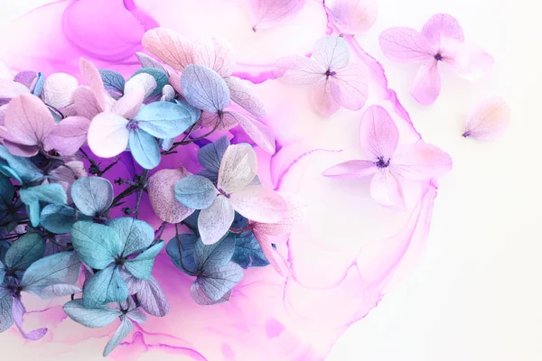 Kreatives Bild Von Rosa Und Türkisfarbenen Hortensienblüten Auf Künstlerischem Tuschehintergrund — Stockfoto