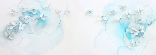Image Créative Fleurs Hortensia Bleu Pastel Sur Fond Encre Artistique — Photo