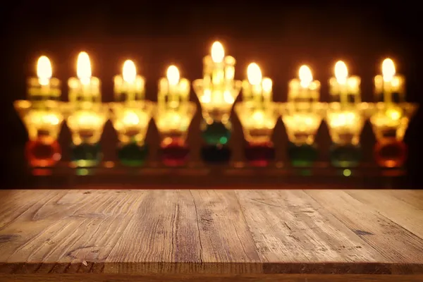 Religião Imagem Mesa Madeira Vazia Frente Férias Judaicas Hanukkah Fundo — Fotografia de Stock