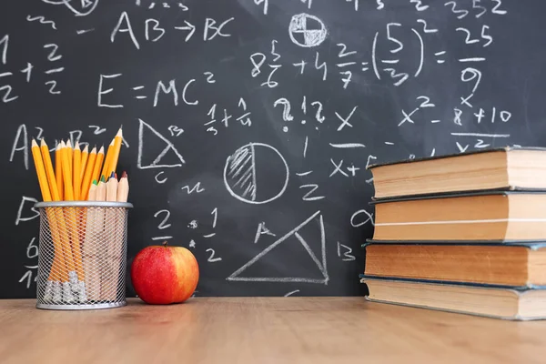 School Books Desk Infront Blackboard Formulas Education Concept — Stock Photo, Image