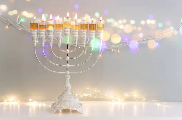 Image Vacances Juives Hanoukka Avec Menorah Candélabre Traditionnel Bougies Huile — Photo