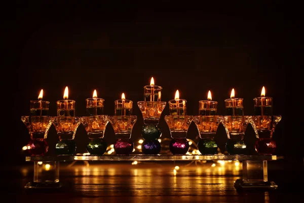 Image Jewish Holiday Hanukkah Background Crystal Menorah Traditional Candelabra Oil — Stock Photo, Image