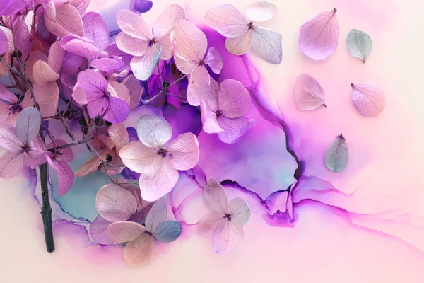 Image Créative Fleurs Hortensia Roses Violettes Sur Fond Encre Artistique — Photo