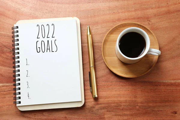 Business Concept Top View 2022 Goals List Notebook Cup Coffee — Stock Photo, Image