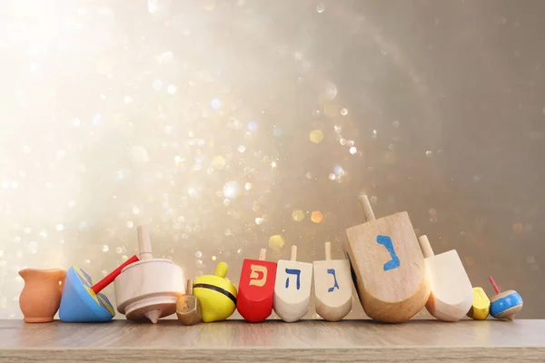Image Jewish Holiday Hanukkah Wooden Dreidels Collection Spinning Top Glitter — Stock Photo, Image