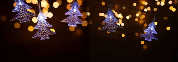 Noel Sıcacık Altın Renkli Çelenk Işıkları Koyu Arkaplanlı Parıltılı — Stok fotoğraf