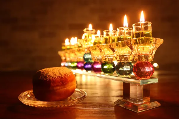 Bild Judisk Semester Hanukkah Bakgrund Med Kristall Menorah Traditionell Kandelabra — Stockfoto