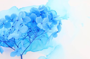 Sanatsal mürekkep arkaplanındaki mavi ortanca çiçeklerinin yaratıcı görüntüsü. Kopyalama alanı olan üst görünüm