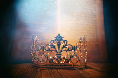 Güzel kraliçenin ya da kralın eski kitabın önündeki resmi. Eski model filtrelenmiş. fantezi ortaçağ dönemi