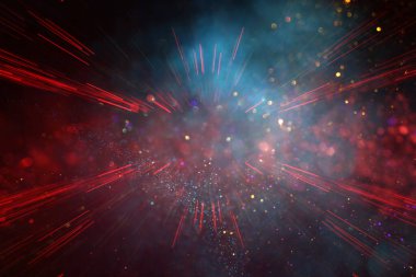 Soyut kırmızı, mavi, altın ve siyah parıltılı ışıkların arkaplanı. Odaklanamadı