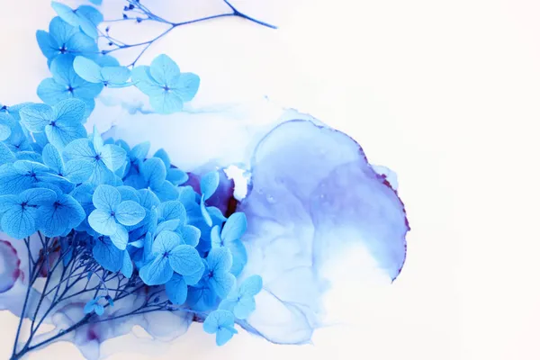 Creatief Beeld Van Blauwe Hortensia Bloemen Artistieke Inkt Achtergrond Bovenaanzicht — Stockfoto