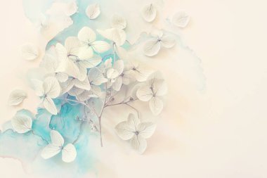 Sanatsal mürekkep arkaplanındaki mavi ortanca çiçeklerinin yaratıcı görüntüsü. Kopyalama alanı olan üst görünüm