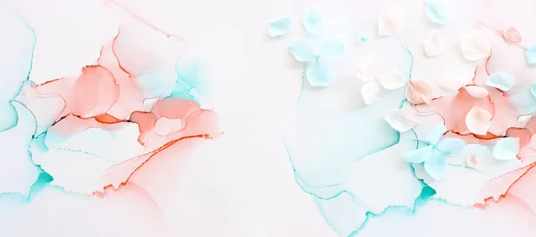 Kreativ Bild Pastell Blå Och Rosa Hortensia Blommor Konstnärligt Bläck — Stockfoto