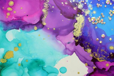 Alkol mürekkebi mavi, mor, yeşil, altın rengi ve kristal elmaslı soyut akışkan sanat resimlerinin sanat fotoğrafçılığı