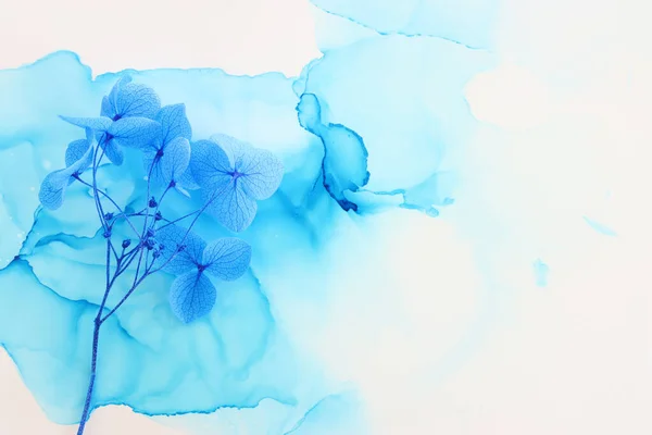芸術的なインクの背景に青いアジサイの花の創造的なイメージ コピースペース付きのトップビュー — ストック写真