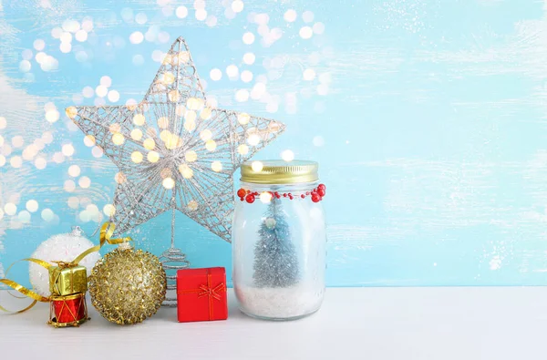 Image Beautiful Mason Jar Christmas Tree Holiday Decorations — Stock Photo, Image