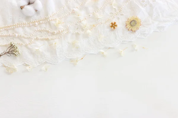 Background White Delicate Lace Fabric Dry Flowers Pearls — Stock Photo, Image