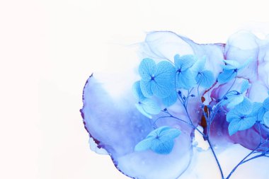 Sanatsal mürekkep arkaplanındaki mavi ortanca çiçeklerinin yaratıcı görüntüsü. Kopyalama alanı olan üst görünüm