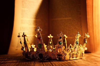 Güzel kraliçenin ya da kralın eski kitabın önündeki resmi. Eski model filtrelenmiş. fantezi ortaçağ dönemi