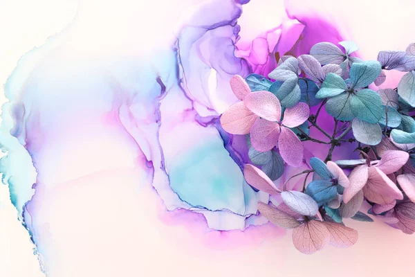 Creatief Beeld Van Roze Turquoise Hortensia Bloemen Artistieke Inkt Achtergrond — Stockfoto