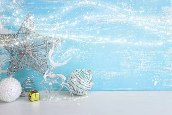 Image Christmas Decorations Crystal Deer Front Pastel Blue Background — Stock Photo, Image