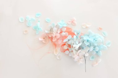 Sanatsal arkaplanda mavi ve pembe ortanca çiçeklerinin yaratıcı görüntüsü. Kopyalama alanı olan üst görünüm