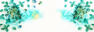 Zümrüt ve yeşil ortanca çiçeklerinin sanatsal arkaplandaki yaratıcı görüntüsü. Kopyalama alanı olan üst görünüm