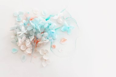 Sanatsal arkaplanda mavi ve pembe ortanca çiçeklerinin yaratıcı görüntüsü. Kopyalama alanı olan üst görünüm