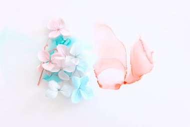 Sanatsal arkaplanda mavi ve pembe ortanca çiçeklerinin yaratıcı görüntüsü. Kopyalama alanı olan üst görünüm