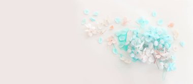 Sanatsal arkaplanda mavi ve pembe ortanca çiçeklerinin yaratıcı görüntüsü. Kopyalama alanı olan üst görünüm