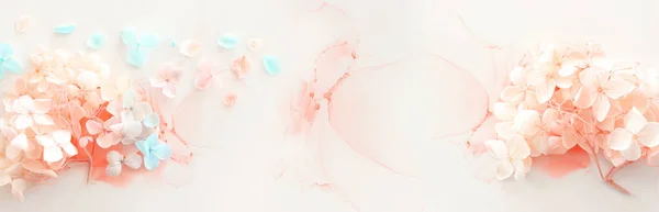 Kreatives Bild Von Pastellblauen Und Rosa Hortensienblüten Auf Künstlerischem Tuschehintergrund — Stockfoto