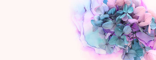 Creatief Beeld Van Roze Turquoise Hortensia Bloemen Artistieke Inkt Achtergrond — Stockfoto