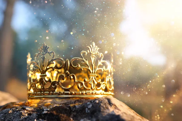 Mysterious Magical Photo Gold King Crown Woods Stone Medieval Period — Stock Photo, Image