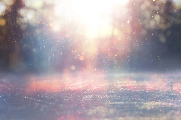 Blurred Abstract Photo Light Burst Trees Glitter Bokeh Lights — Stock Photo, Image