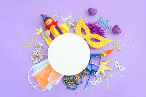 Ovanifrån Bild Maskerad Bakgrund Ett Platt Ligg Purim Firande Judisk — Stockfoto